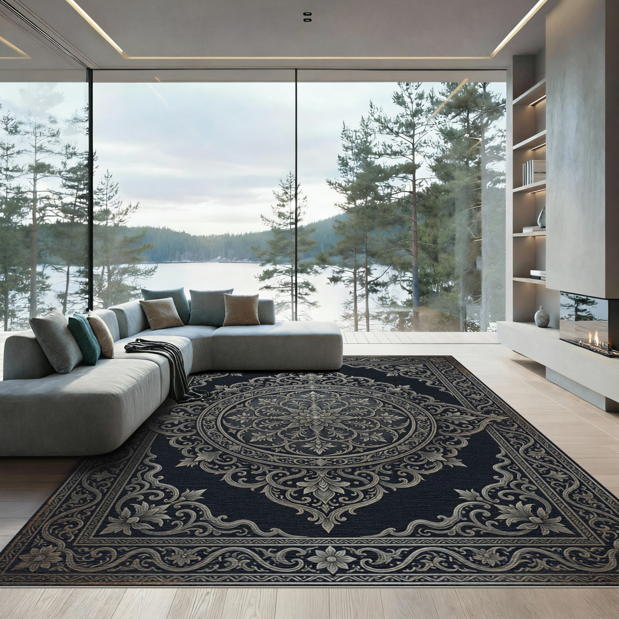 Ornate Charcoal Silver Filigree Medallion Rug