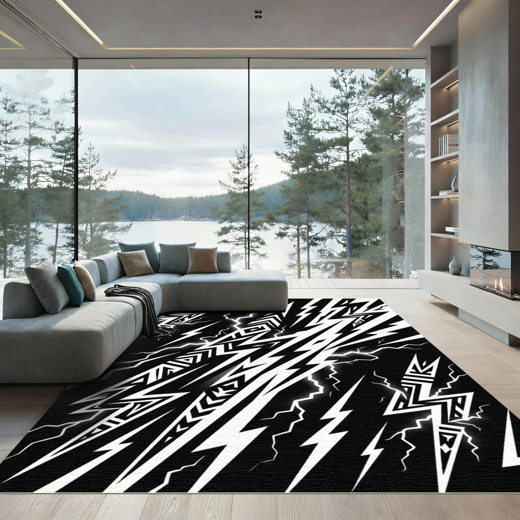Bold Monochrome Tribal Lightning Bolt Graphic Rug