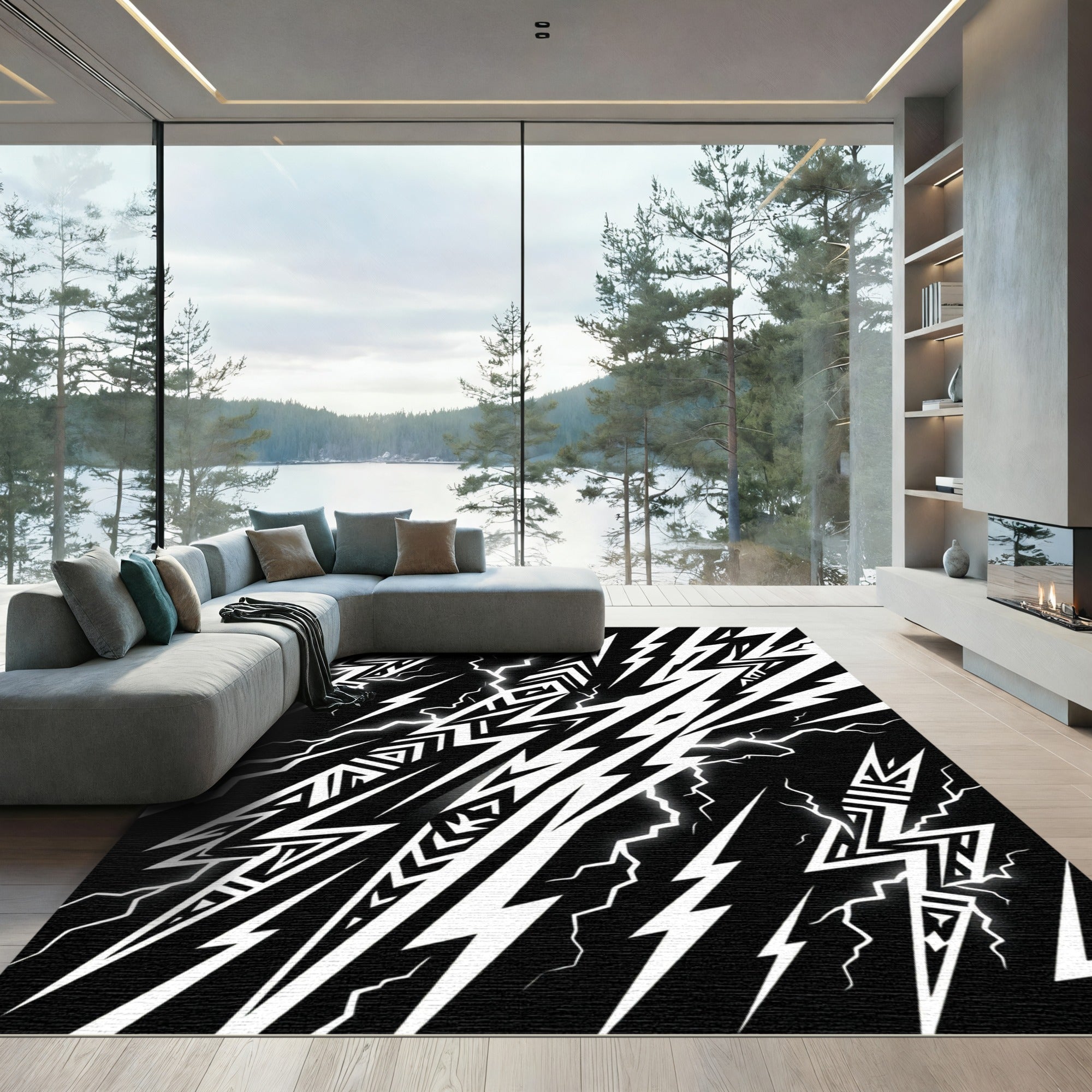 Bold Monochrome Tribal Lightning Bolt Graphic Rug