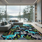Whimsical Blue Dinosaur Jungle Landscape Rug