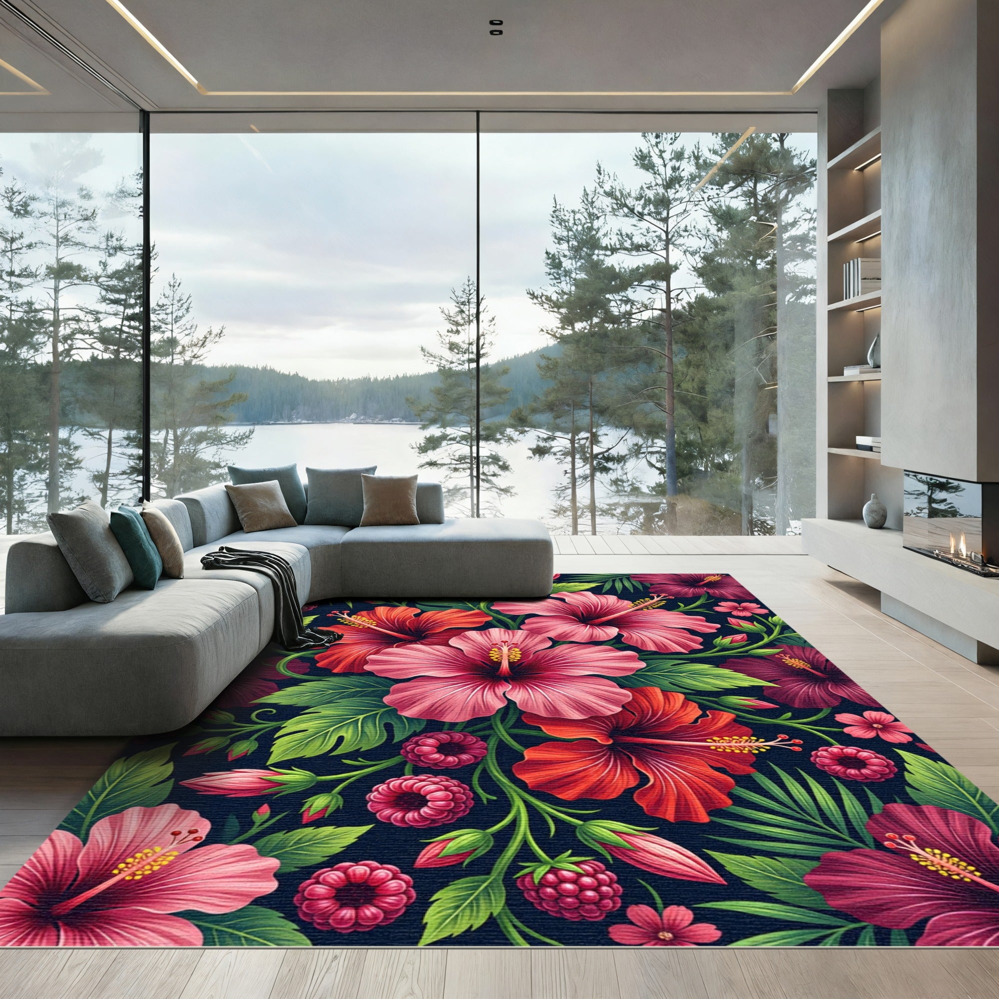 Vibrant Tropical Hibiscus Berry Field Rug