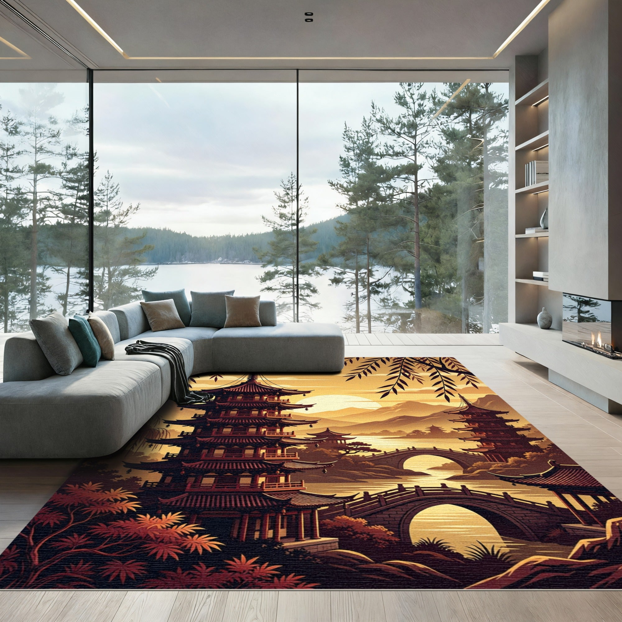 Golden Sunset Pagoda Landscape Illustration Rug