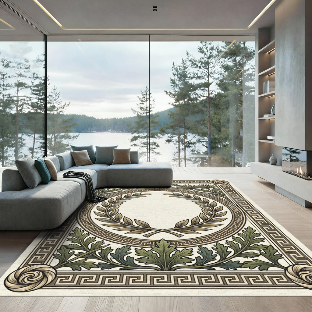 Antique Olive Laurel Greek Key Border Rug