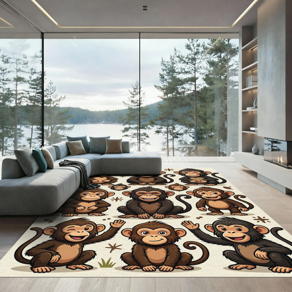 Playful Brown Monkey Illustration Rug