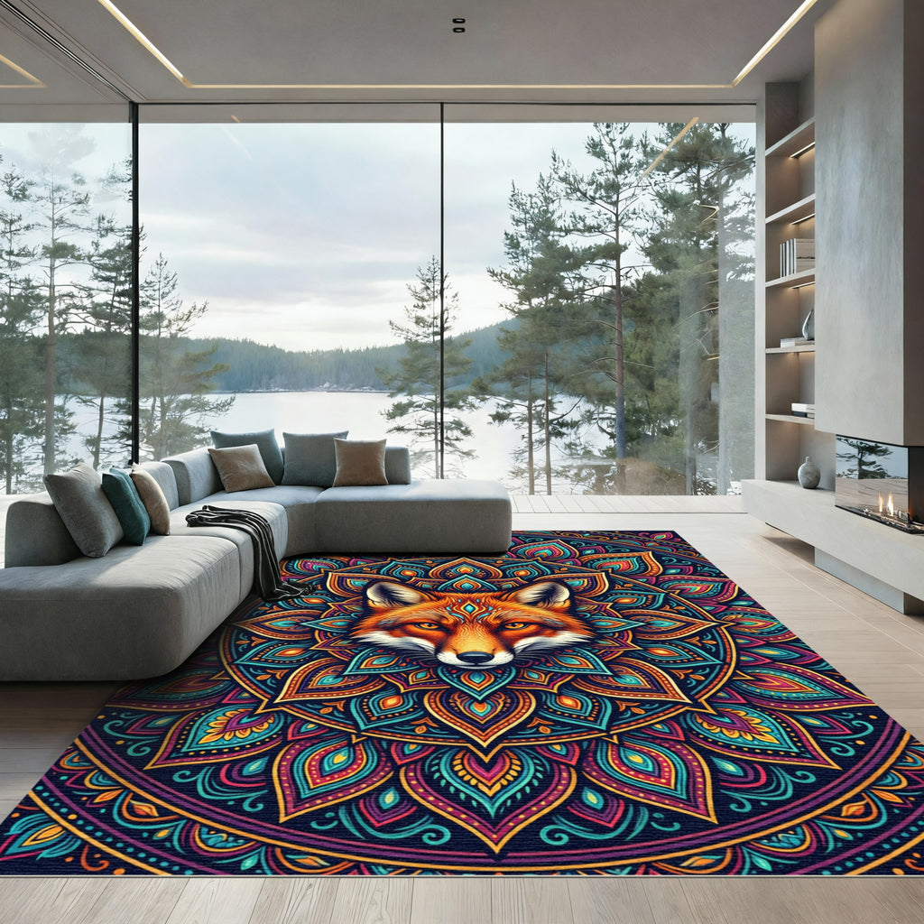 Vibrant Red Fox Mandala Art Rug