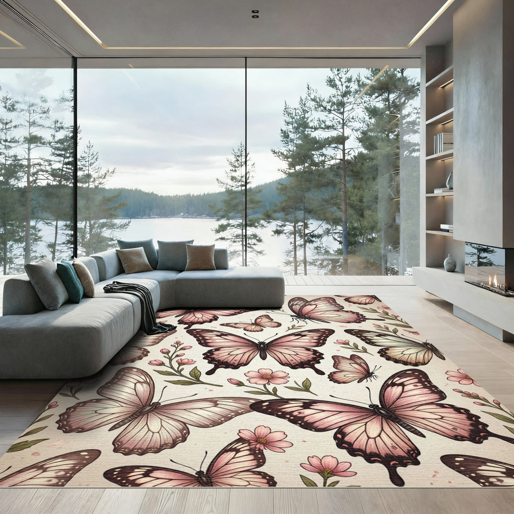 Blush Pink Butterfly Garden Meadow Rug
