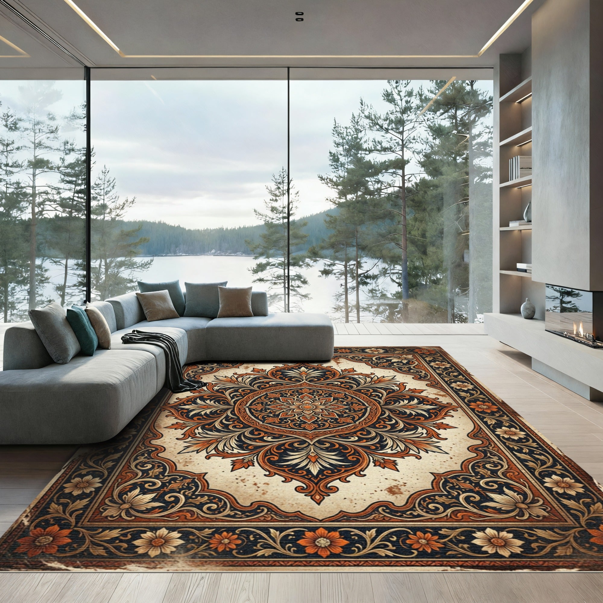 Ornate Copper Floral Medallion Scroll Rug