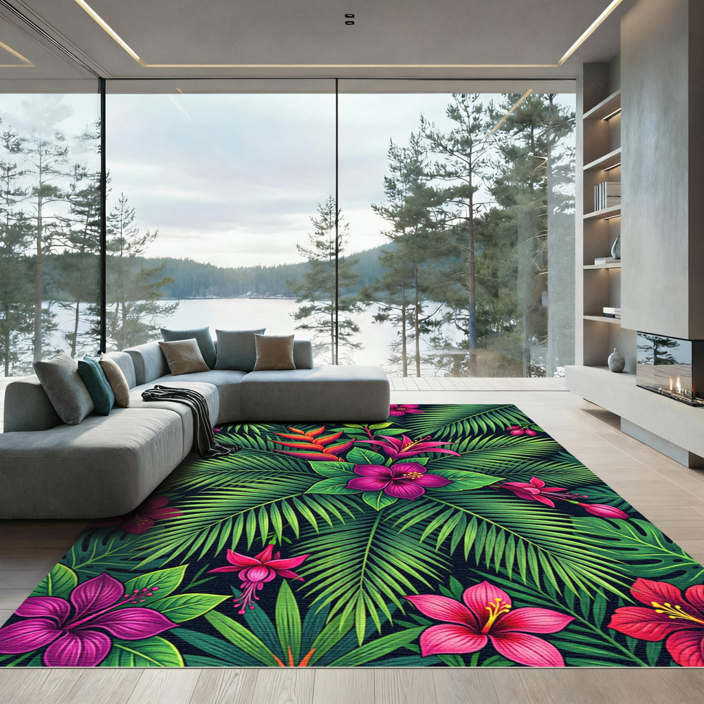 Vibrant Lush Tropical Hibiscus Foliage Rug