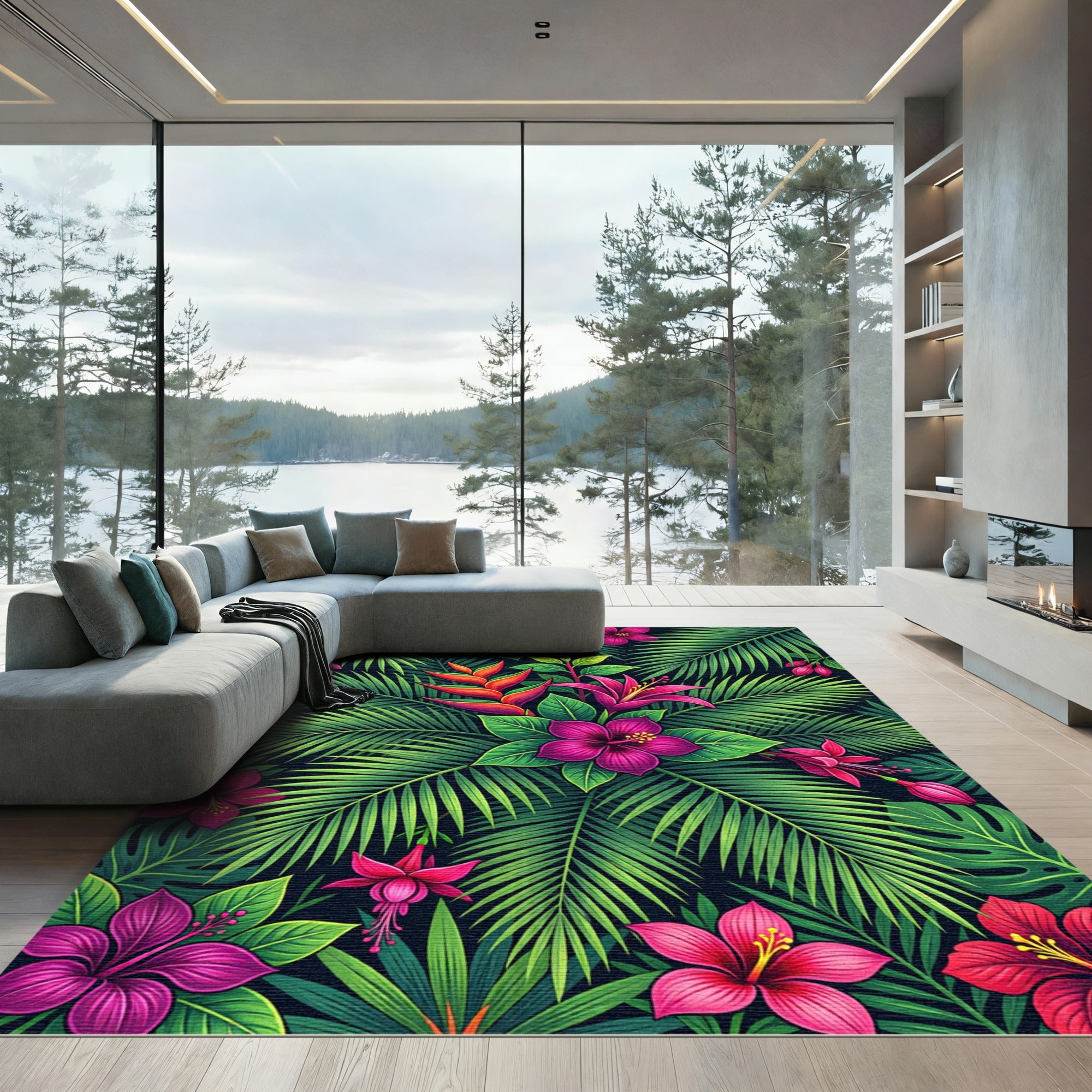 Vibrant Lush Tropical Hibiscus Foliage Rug