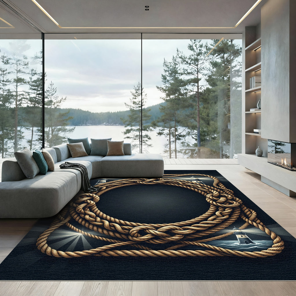 Nautical Rope Lighthouse Scene Frame Rug