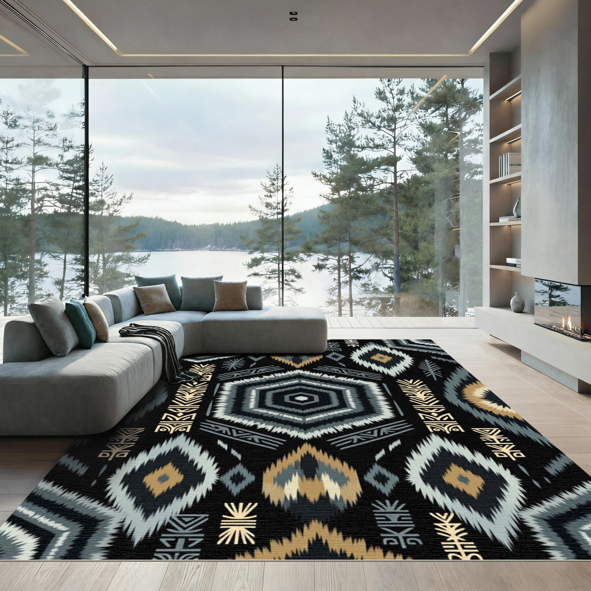 Geometric Tribal Black Gold Chevron Rug