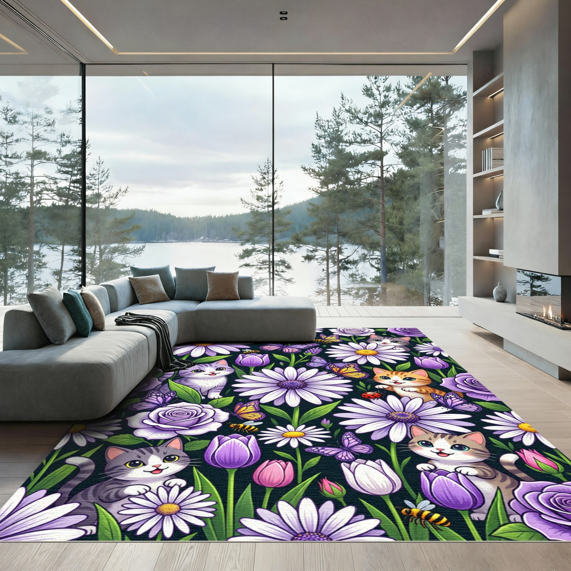 Whimsical Kittens Butterfly Garden Bloom Rug