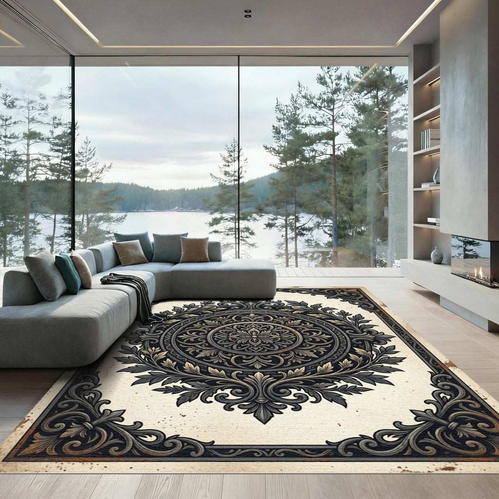 Ornate Charcoal Gold Floral Damask Medallion Rug