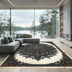 Ornate Charcoal Gold Floral Damask Medallion Rug