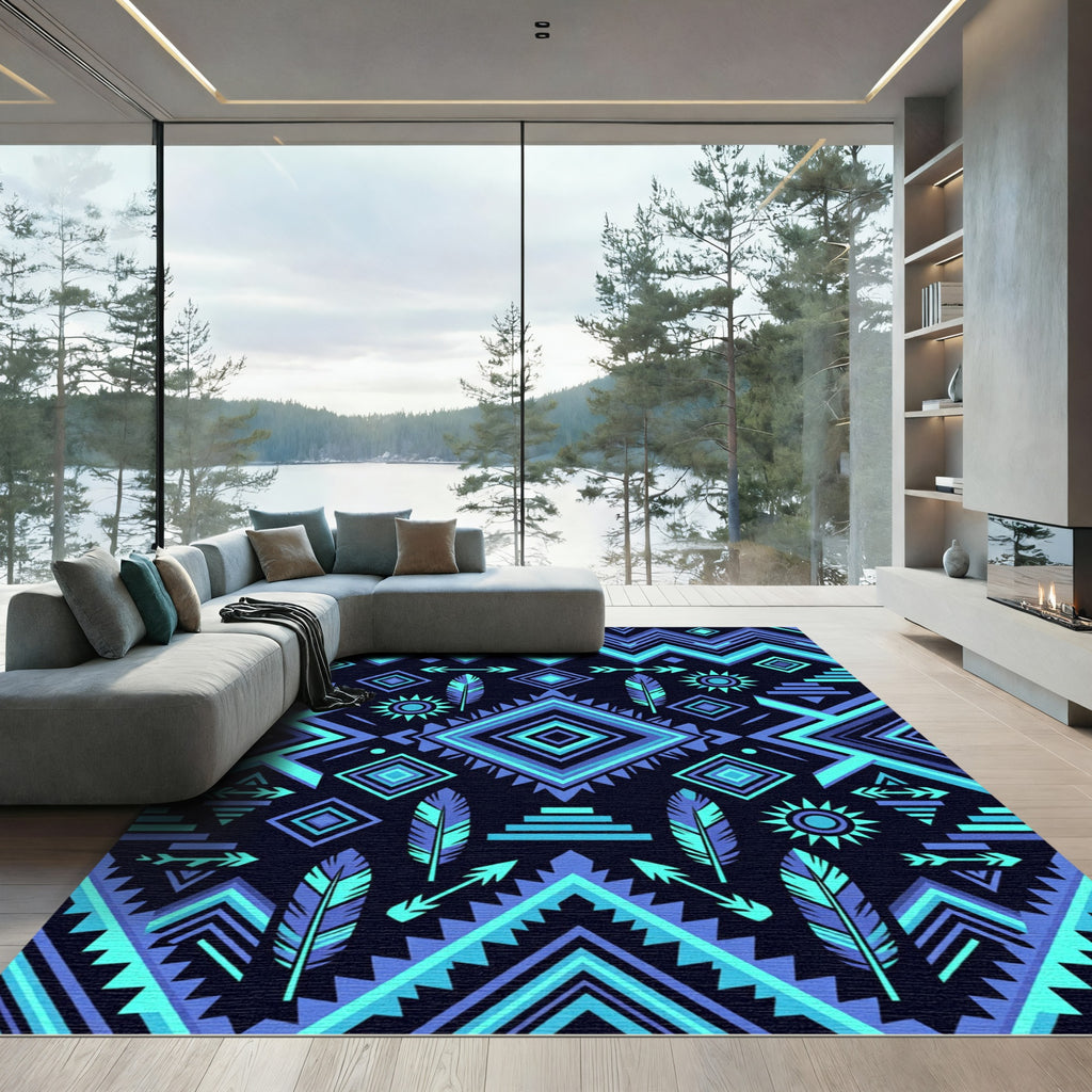 Electric Blue Geometric Tribal Diamond Rug