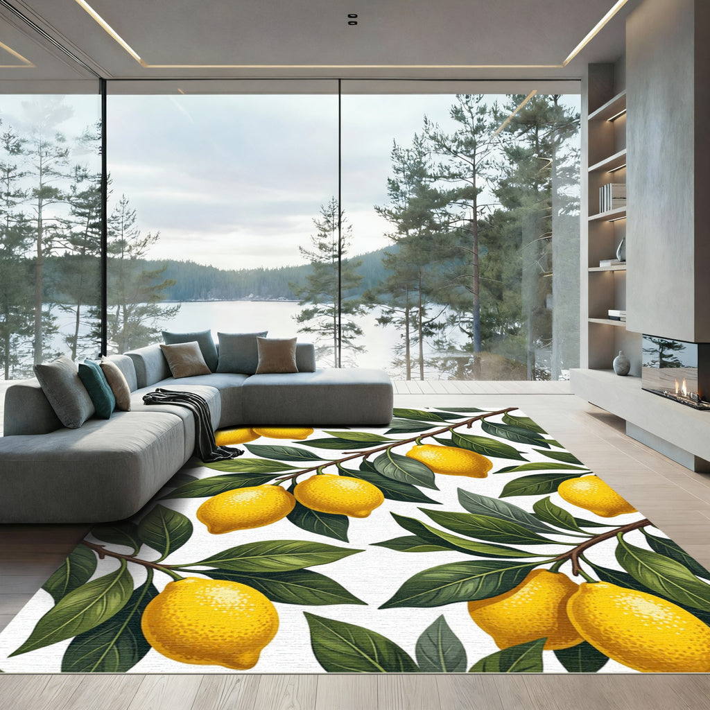 Sunny Yellow Lemon Botanical Branch Rug
