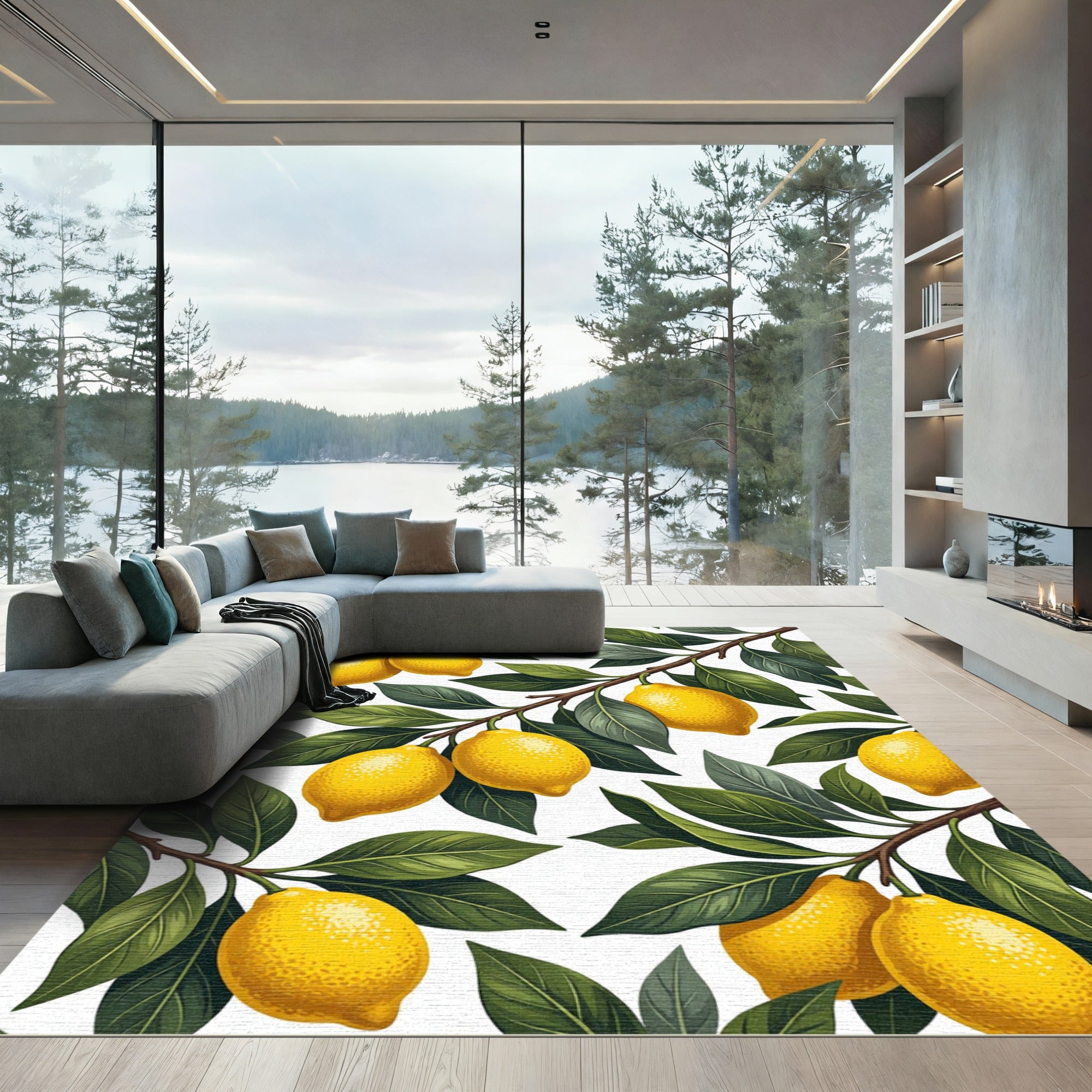Sunny Yellow Lemon Botanical Branch Rug