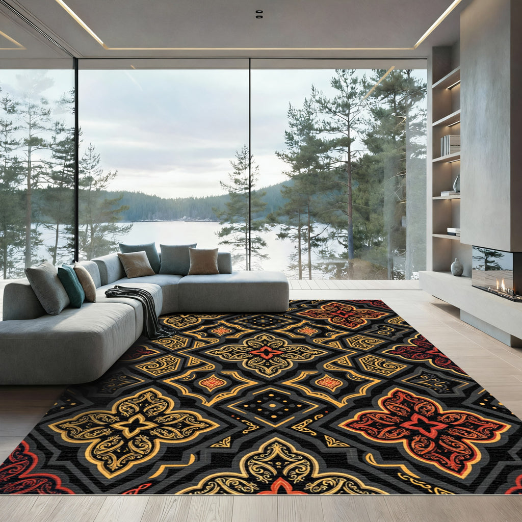 Ornate Black Gold Red Arabesque Rug