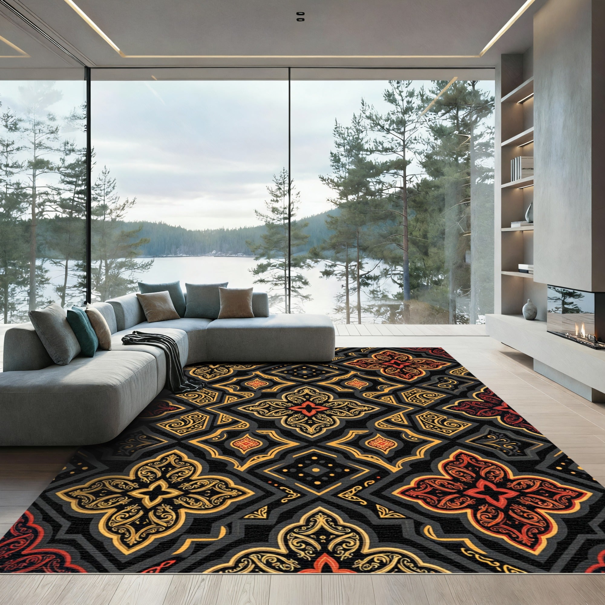 Ornate Black Gold Red Arabesque Rug