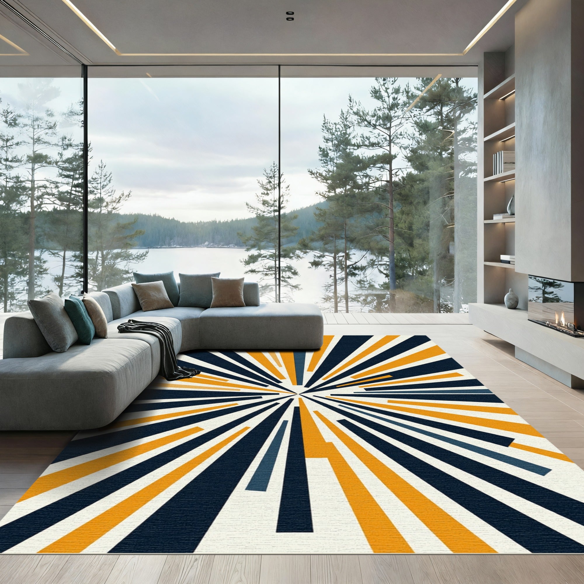 Radiating Lines Navy Orange Abstract Rug
