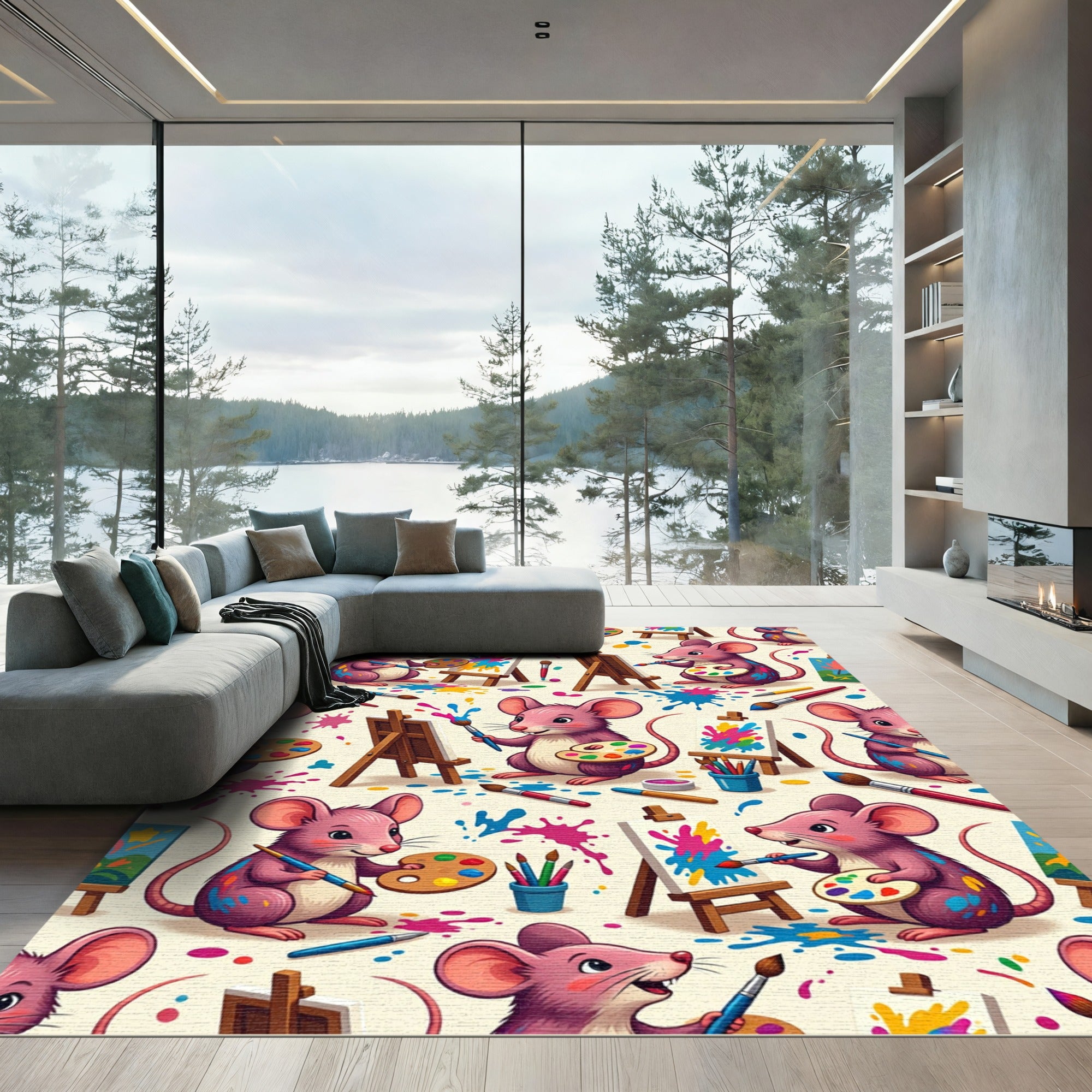 Whimsical Pink Mouse Artist Painting Rug