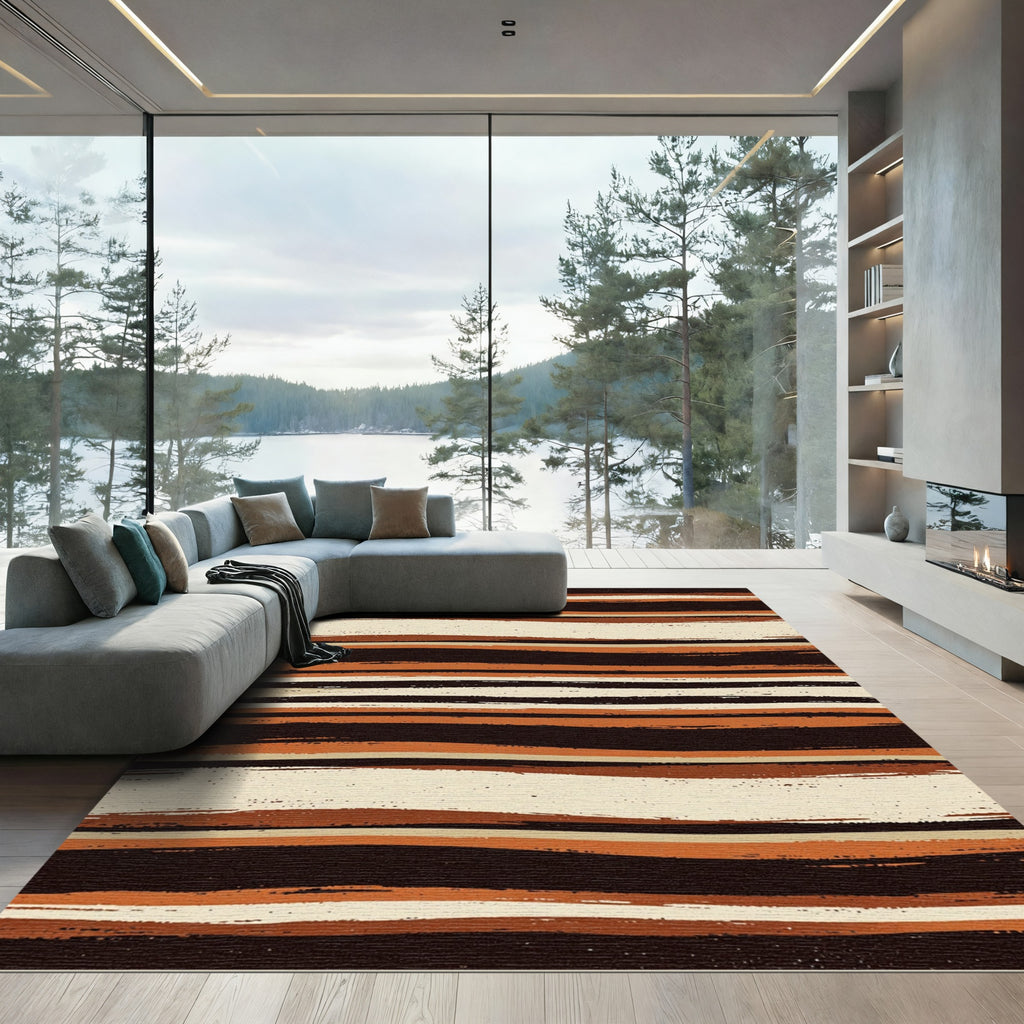 Earthy Brown Cream Wavy Layered Stripe Rug