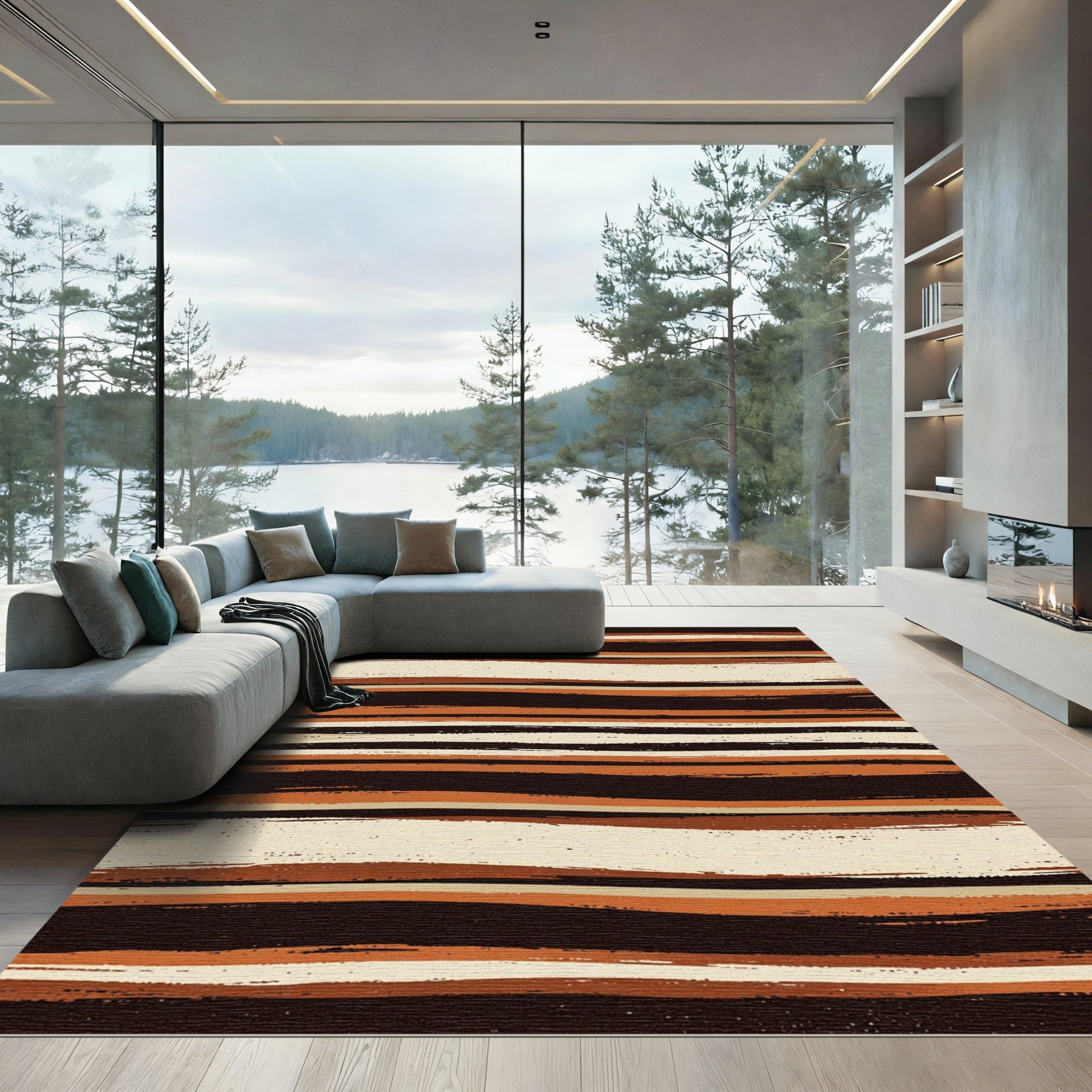 Earthy Brown Cream Wavy Layered Stripe Rug