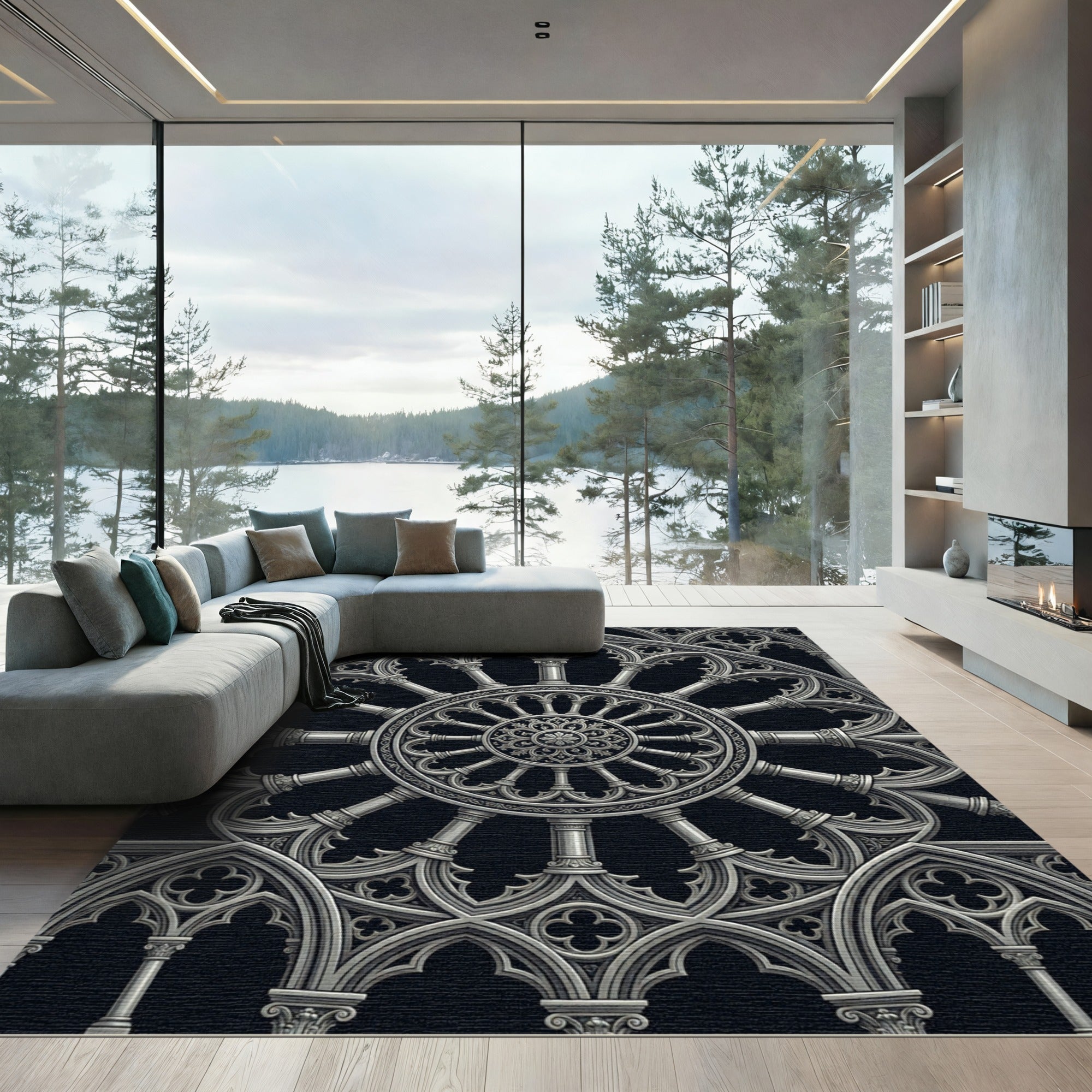 Monochromatic Gothic Circular Architectural Wheel Rug