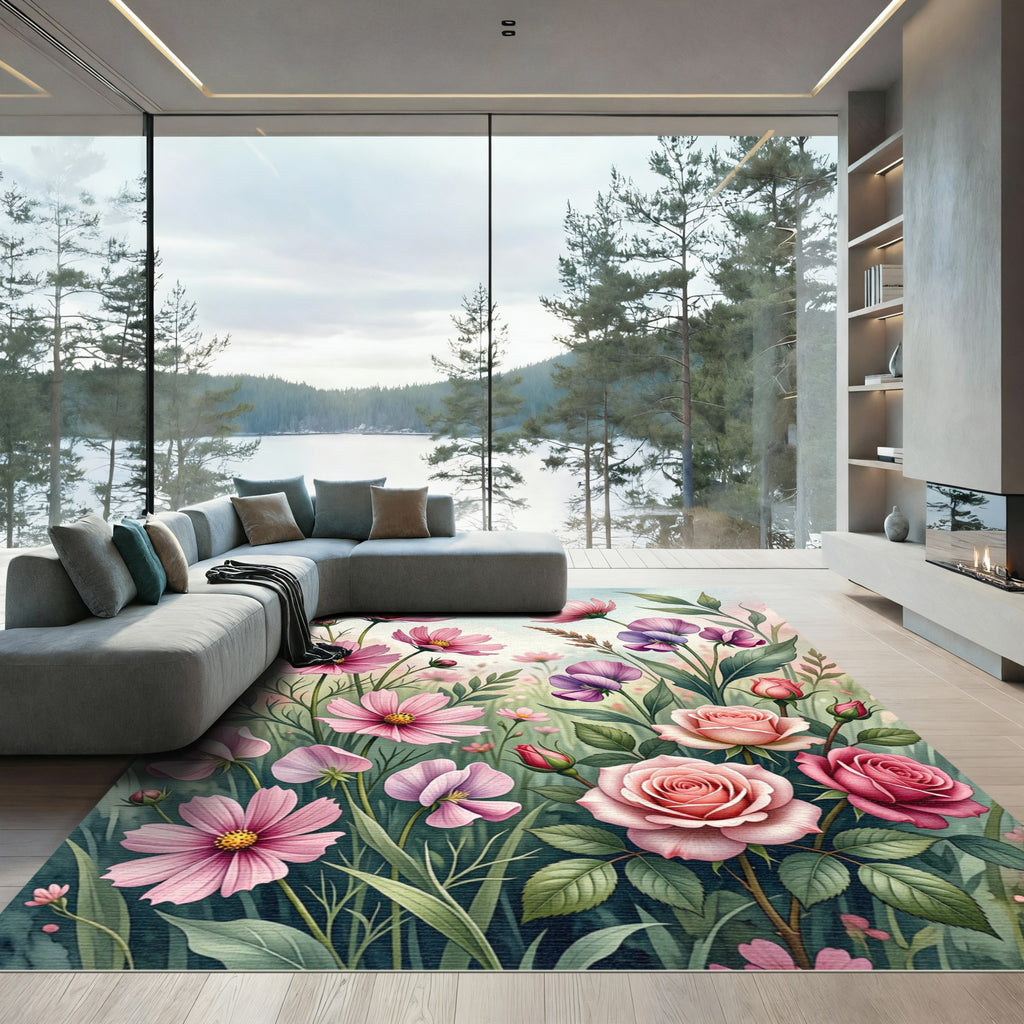 Blush Pink Garden Floral Watercolor Rug