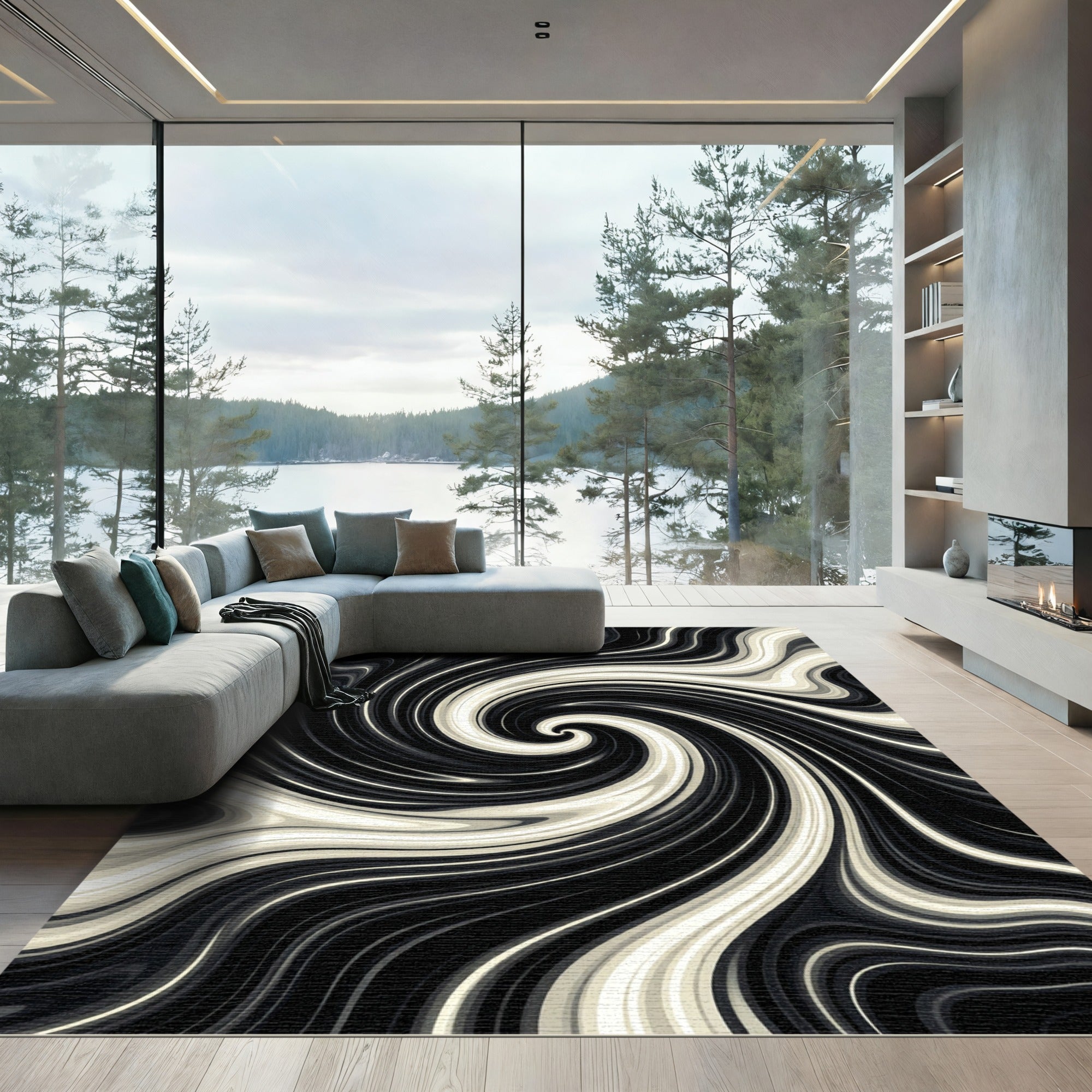 Monochrome Liquid Marble Swirl Rug