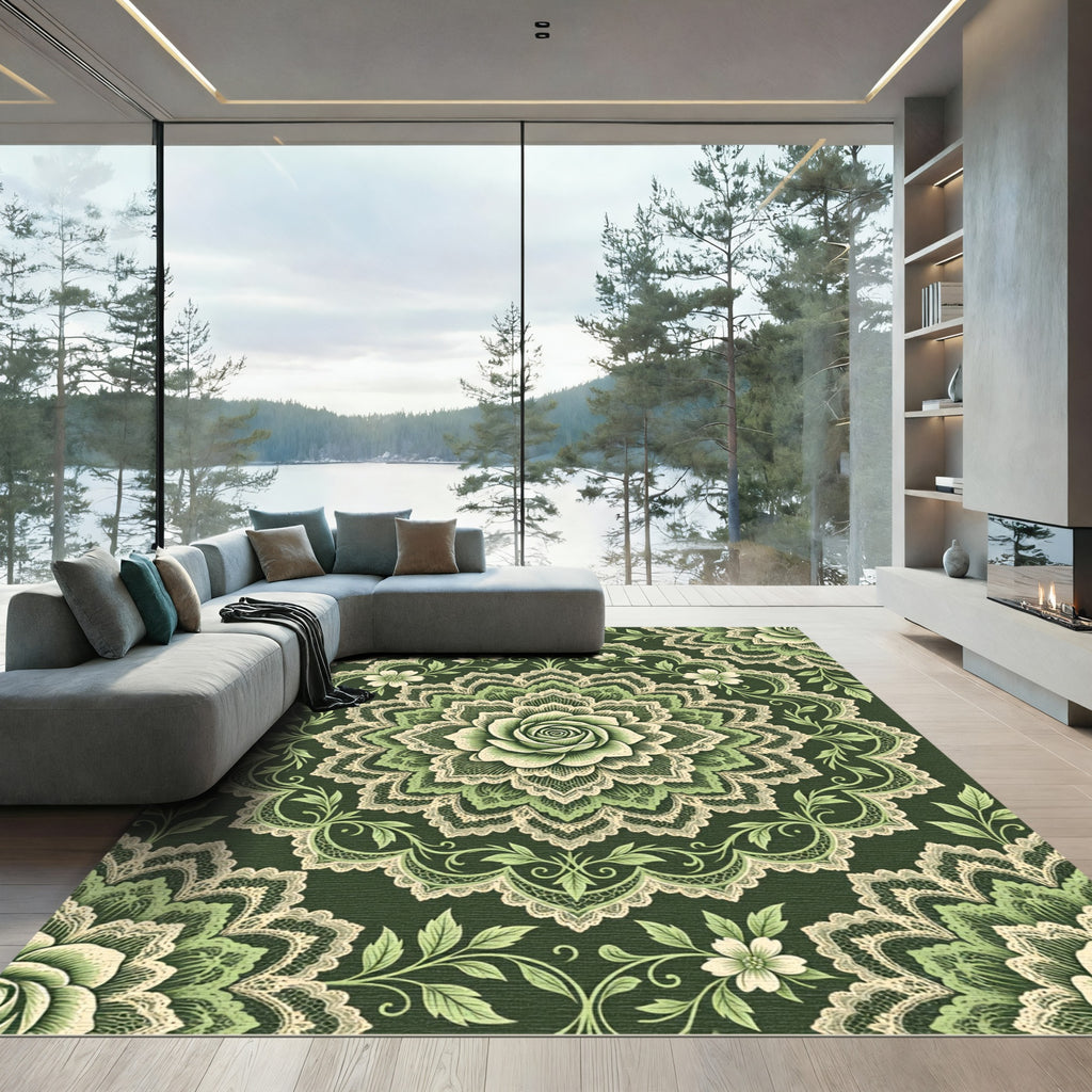 Elegant Sage Rose Lace Medallion Rug