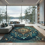 Ornate Teal and Gold Floral Medallion Rug