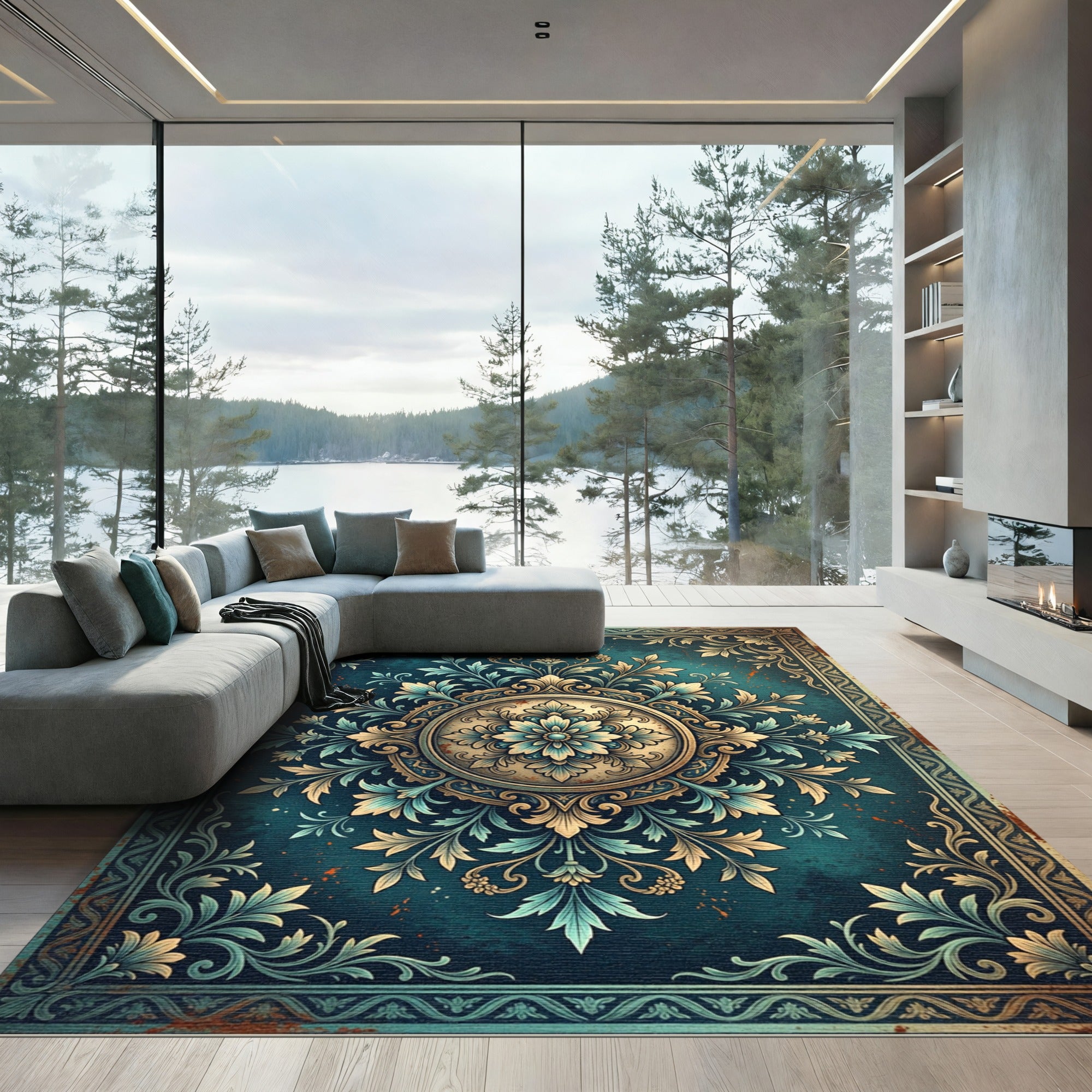 Ornate Teal and Gold Floral Medallion Rug