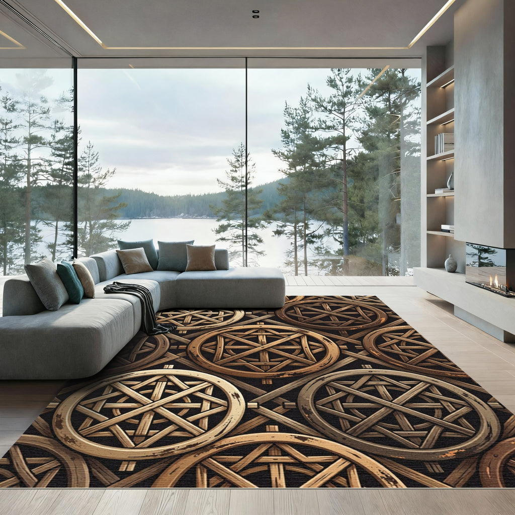 Rustic Bronze Interlocking Wooden Wheel Rug