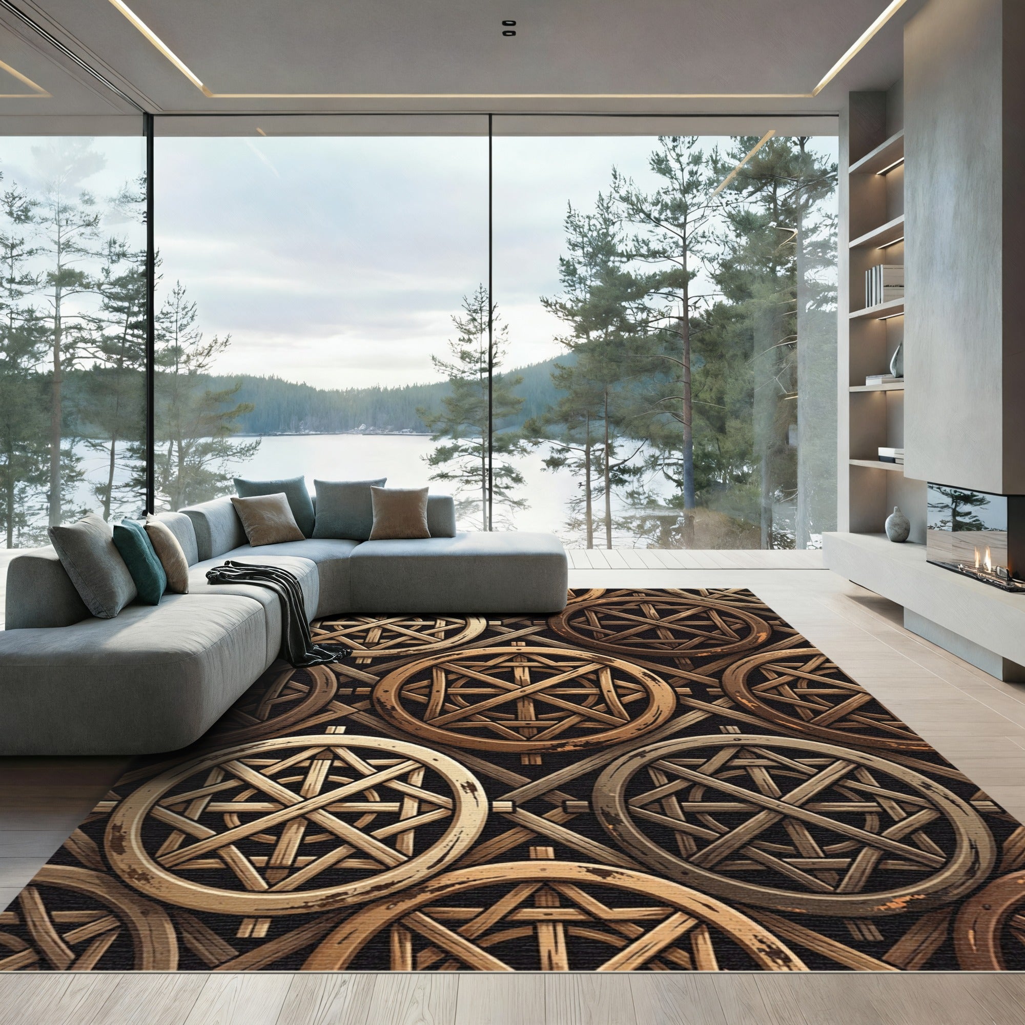 Rustic Bronze Interlocking Wooden Wheel Rug