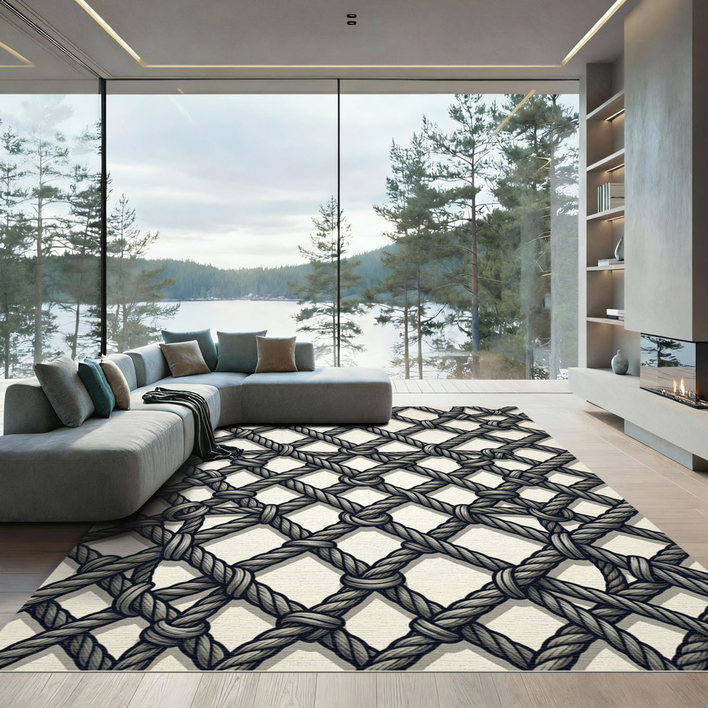 Monochrome Nautical Rope Grid Rug