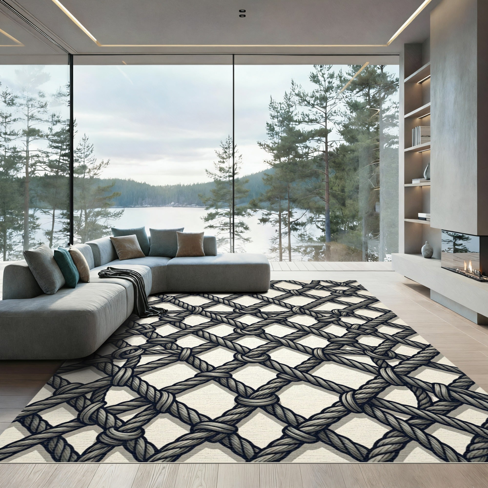 Monochrome Nautical Rope Grid Rug