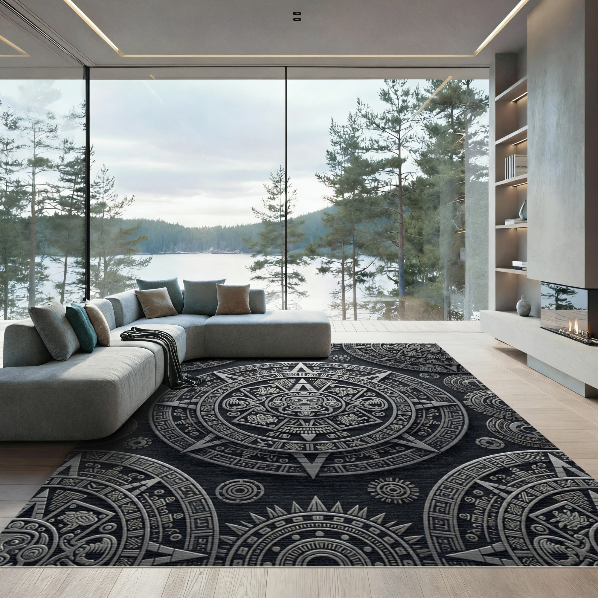 Metallic Silver Aztec Sun Calendar Rug