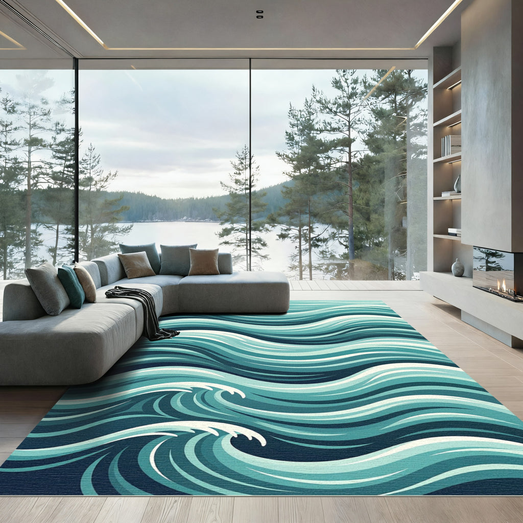 Abstract Teal Ocean Ripple Wave Rug