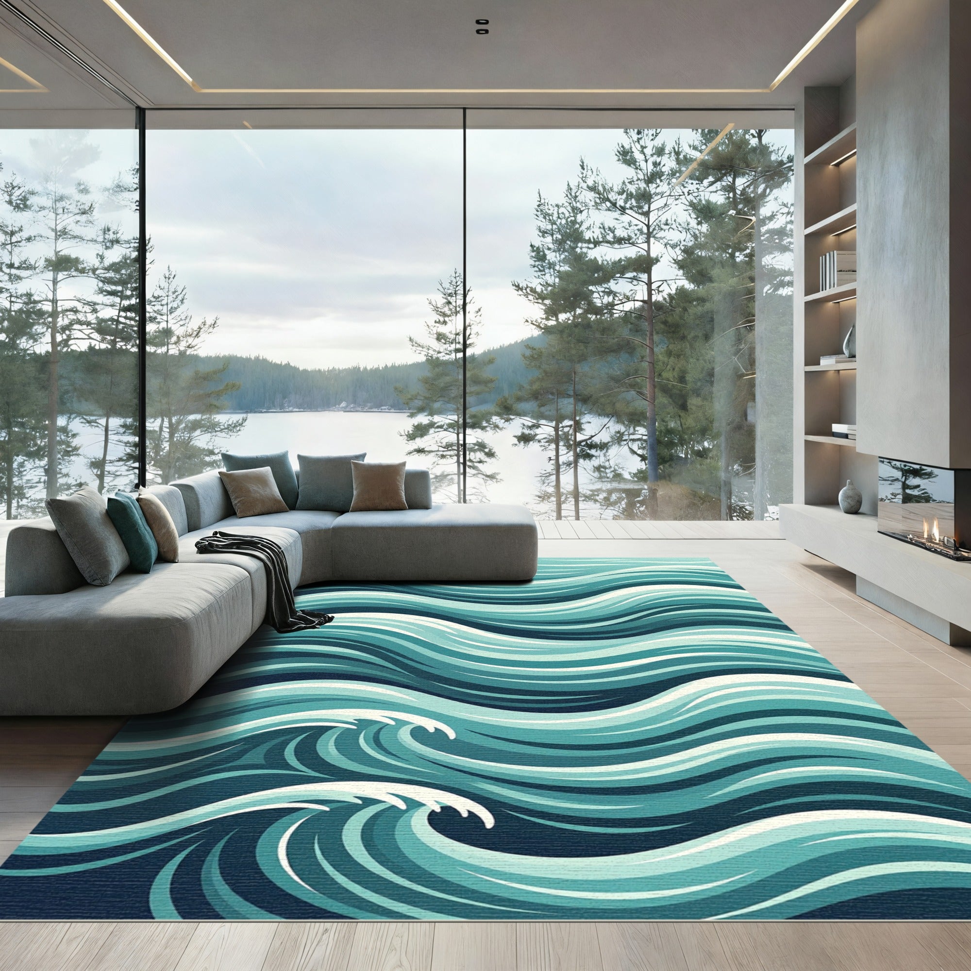 Abstract Teal Ocean Ripple Wave Rug