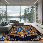 Golden Ornate Floral Medallion Royal Navy Rug