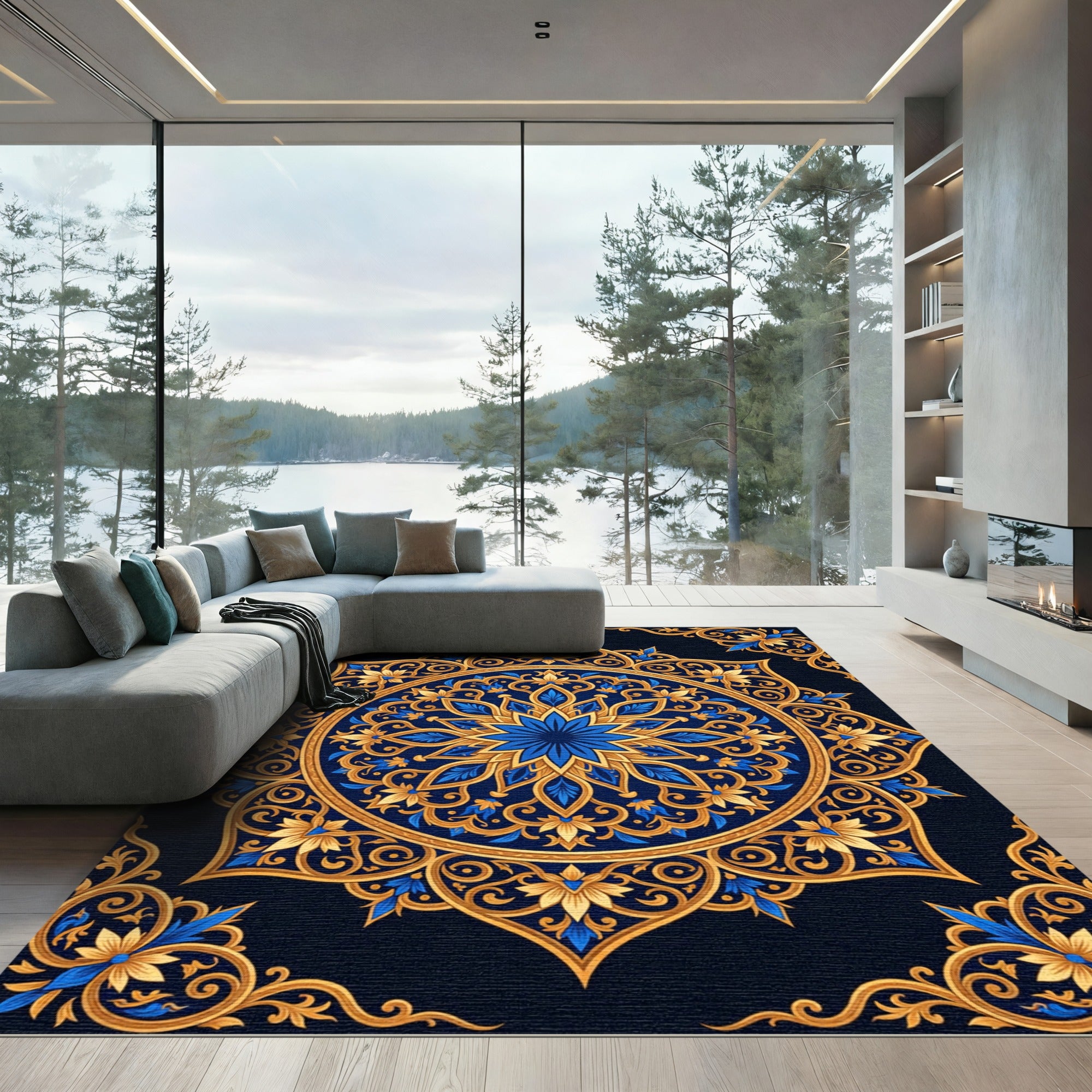 Golden Ornate Floral Medallion Royal Navy Rug