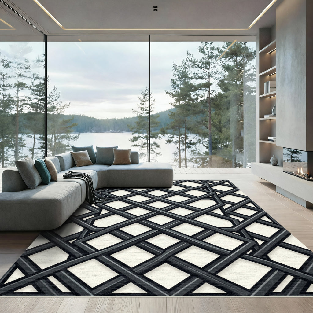 Charcoal Geometric Lattice Interlocking Grid Rug