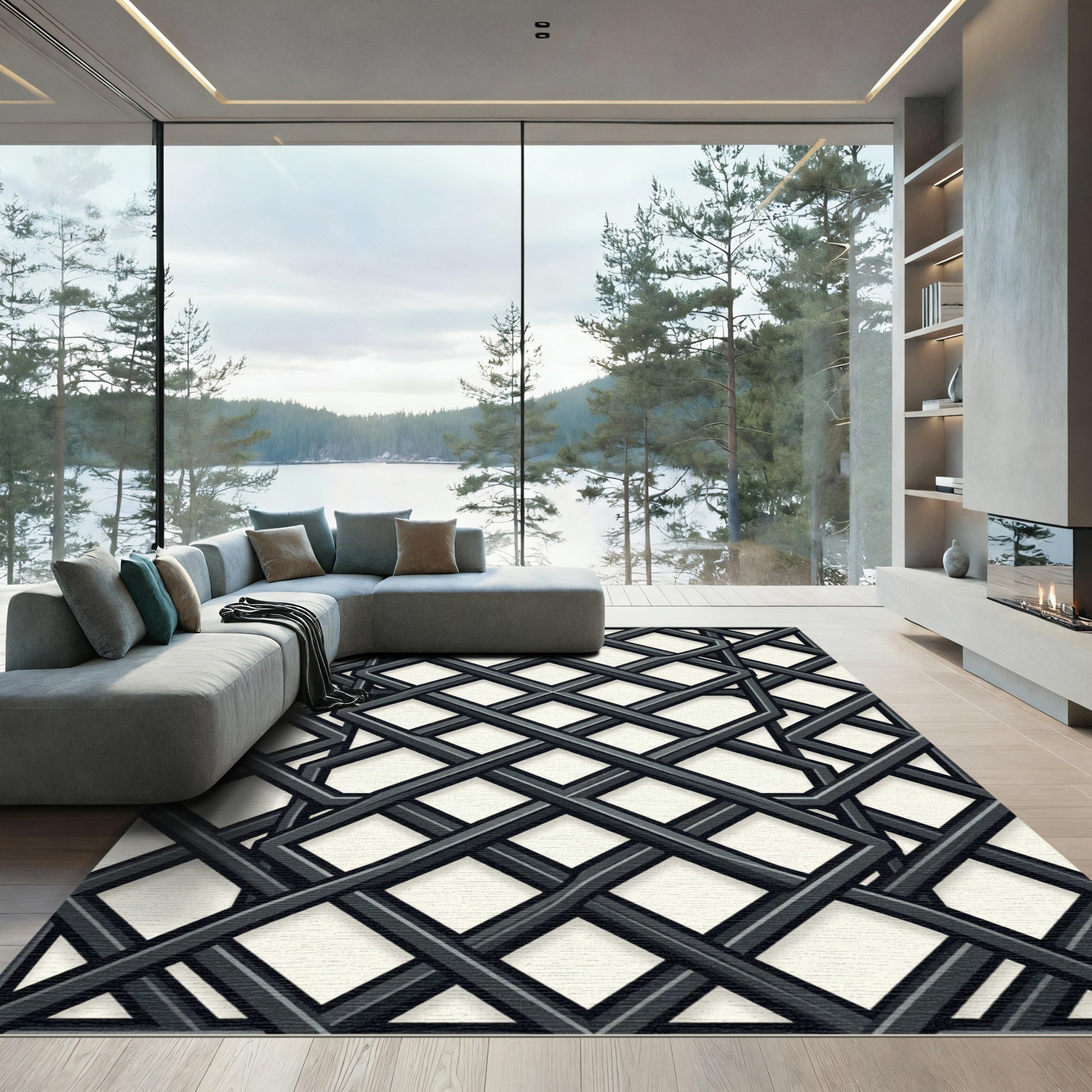 Charcoal Geometric Lattice Interlocking Grid Rug