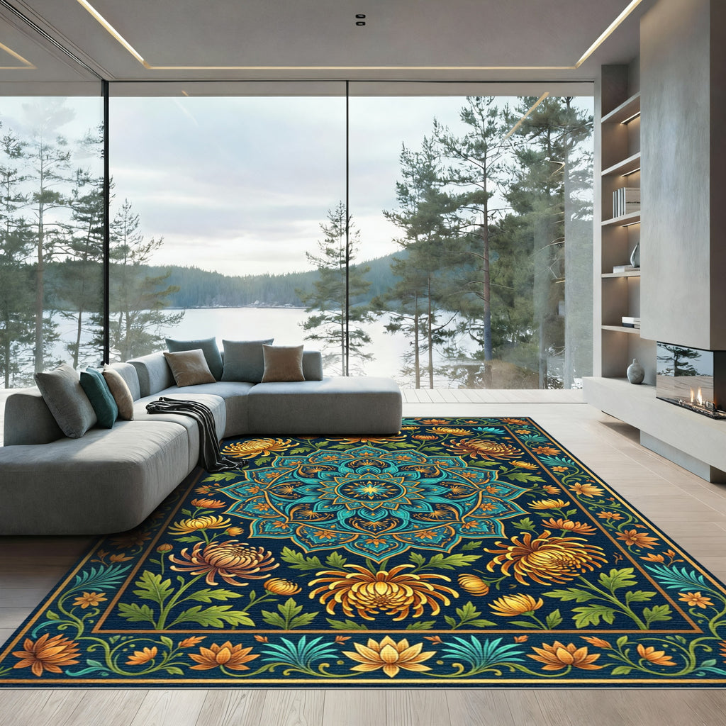 Golden Chrysanthemum Teal Floral Medallion Rug