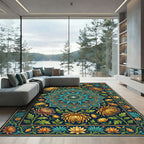 Golden Chrysanthemum Teal Floral Medallion Rug