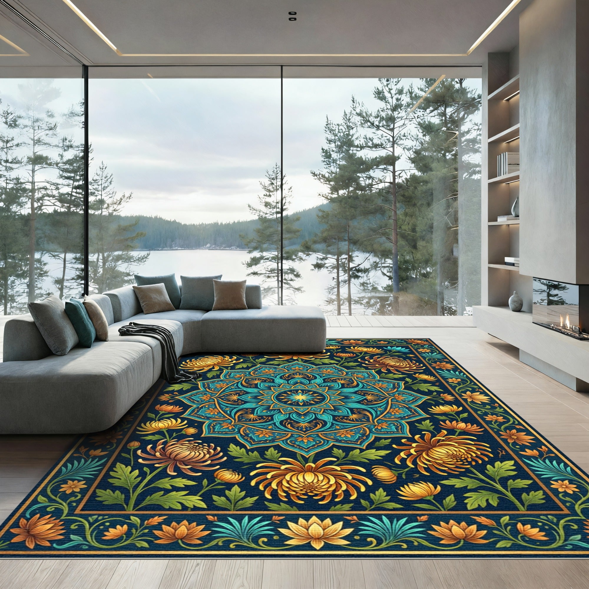 Golden Chrysanthemum Teal Floral Medallion Rug