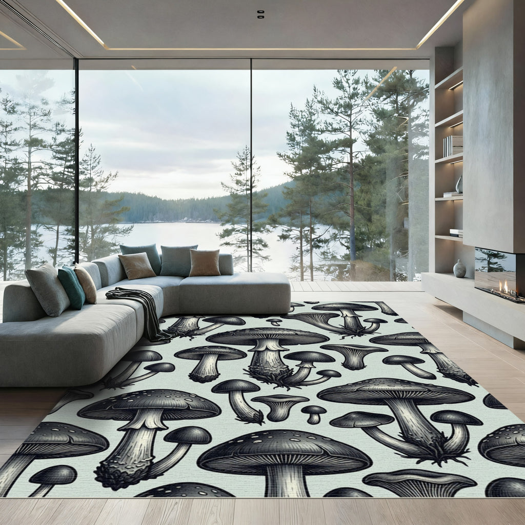 Monochromatic Botanical Mushroom Illustration Art Rug