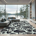 Monochromatic Botanical Mushroom Illustration Art Rug