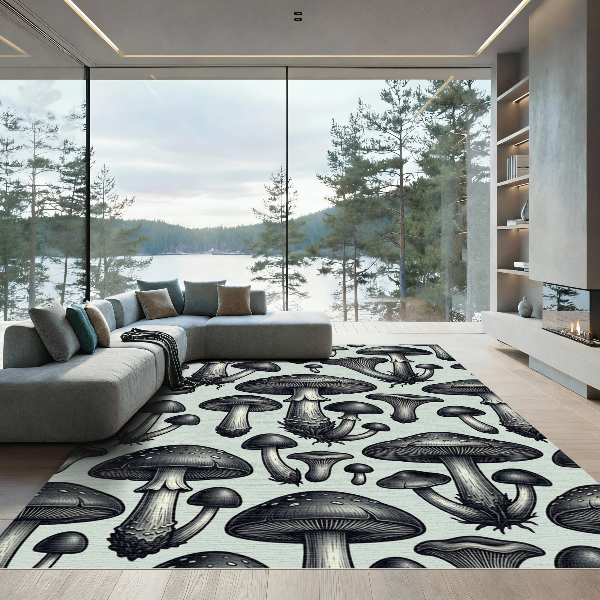 Monochromatic Botanical Mushroom Illustration Art Rug